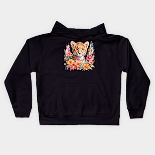 A baby cheetah decorated with beautiful watercolor flowers Kids Hoodie